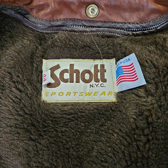 Vintage USA Men's SCHOTT BIKER FUR LINED BROWN LEATHER BOMBER Jacket Sz 44 - Picture 13 of 16